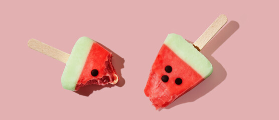 Watermelon popsicle ice cream on red pastel background.