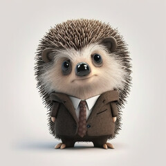 A hedgehog dressed in a boss costume stands tall against a white background