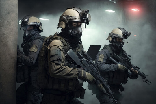 Generative AI illustration of a Group of elite assault soldiers on a mission in the desert with smoked background.