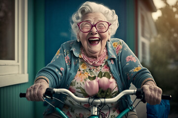 An cute happy and smiling granny ride the bicycle - AI generative