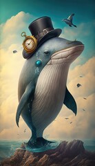 Naklejka premium animal portrait in surreal theme, dolphin wearing hat, Generative Ai
