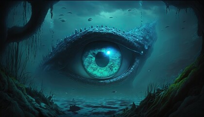 monster hind under water, idea for fantasy fiction background wallpaper, Generative Ai