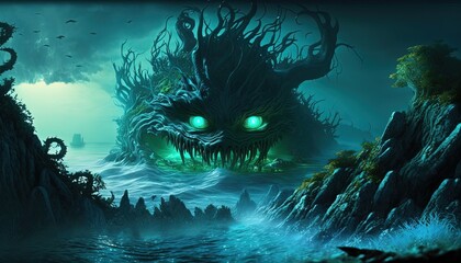 monster hind under water, idea for fantasy fiction background wallpaper, Generative Ai