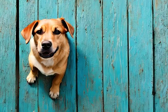 Portrait of homeless sad dog on worn blue wooden background, with copy space. generative AI. Close up.