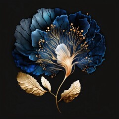 Artistic blue and gold flower. Generative AI.