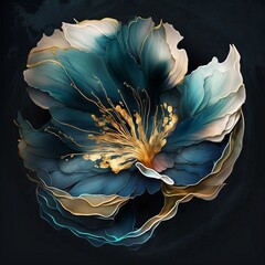 Artistic blue and gold flower. Generative AI.