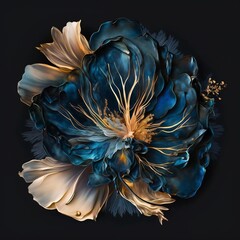 Artistic blue and gold flower. Generative AI.