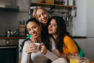 Front view of three beautiful female friends hugging