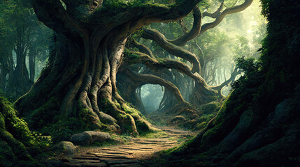 Forest with old trees and rocks with moss