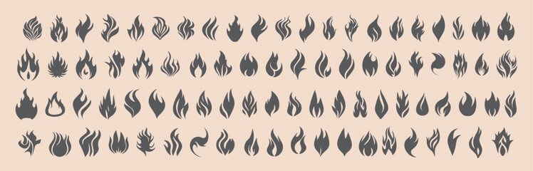 Fire Set Icon. Vector. Flame. Icon. Sign. Symbol. Flaming. Bonfire. Burning. Fiery. Flammable. Inferno. Hell. Heat. Afire.