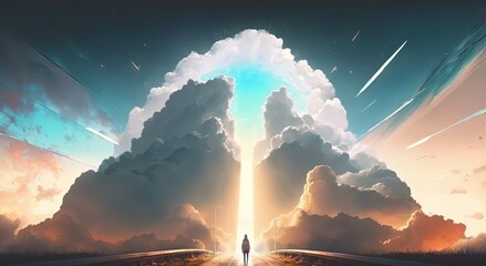 a boy walking on cloud way to horizon, beautiful galaxy sky with glitter glow star, idea for heavenly background wallpaper, Generative Ai