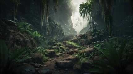 valley passage in think deep rainforest, Generative Ai