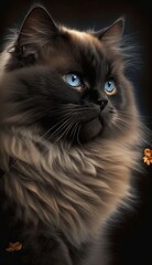 Fototapeta premium close up portrait of cute black fluffy cat with light glow, Generative Ai
