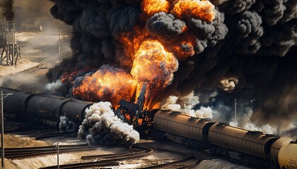 illustration of derailment train with flame and black smoke burning on it, idea for support Ohio crisis, Generative Ai