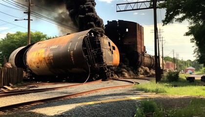 illustration of derailment train with flame and black smoke burning on it, idea for support Ohio crisis, Generative Ai - obrazy, fototapety, plakaty