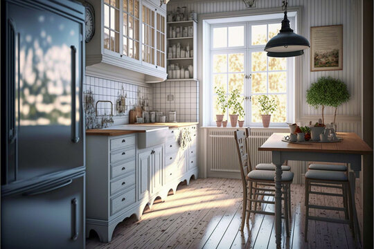 Modern kitchen interior design, super photo realistic background, generative ai