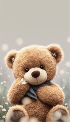 Obraz premium cute teddy bear wearing scarf during snow fall, soft light, Generative Ai