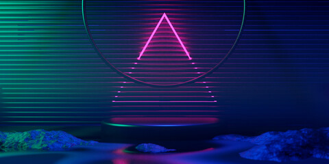 3d illustration rendering of futuristic cyberpunk city, gaming wallpaper scifi background, a esports gamer vs banner sign of neon glow, versus player challenge © issaronow