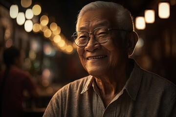 Obraz premium Aged well: close-up portrait of happy Asian senior man looking at camera. Nice bokeh background.