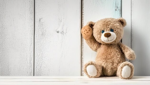 brown teddy bear with wooden wall with copy space, Generative Ai
