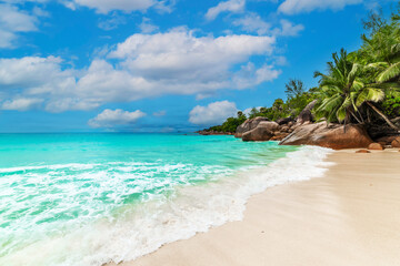 Fototapeta na wymiar Turquoise water, granite rocks and palm trees in Anse Lazio