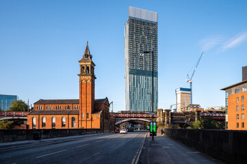 Fototapeta na wymiar Panoramic view of Castle field Congregational Chapel with Beetham tower in background at Manchester UK