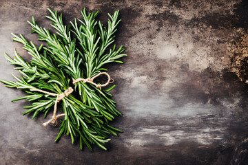 rosemary kitchen herbs branch on old grunge wood background. Generative AI