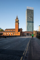 Roadway to Castle field Congregational Chapel with Beetham tower  in background at Manchester UK