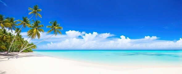 panoramic tropical beach with palm trees Generative AI - obrazy, fototapety, plakaty