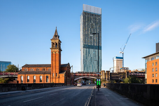 Panoramic view of Castle field Congregational Chapel with Beetham tower in background at Manchester UK