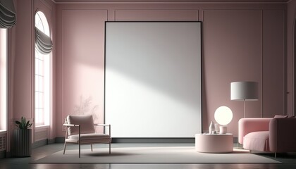 illustration of onebig  mock-up wall decor frame is hanging in minimal style, empty frame in living room, Generative Ai