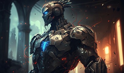 Fototapeta premium illustration of a futuristic robot with cybermatic system design character with glow light, idea concept for Artificial Intelligent , the future and development of Ai