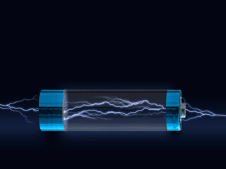 Transparent tank with form of pen dry battery with lightning flash as a symbol of power source