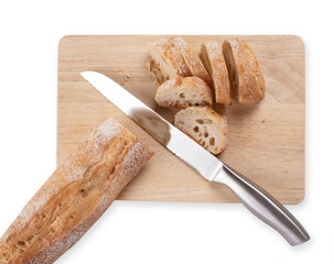 Cutting bread on wooden board, with knife. Isolated on transparent background. Precision cut and...