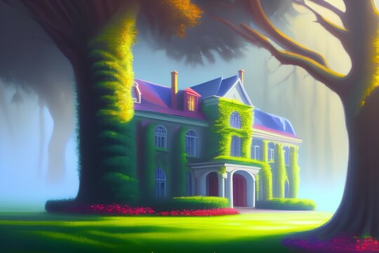 oil painting of a large building. There are lots of ivy and big trees surrounding the building. fog and rainbows. - generative ai