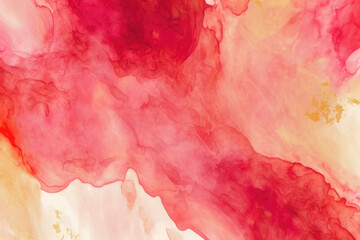 Abstract red liquid watercolor background with golden lines. Pastel marble alcohol ink drawing .Generative AI