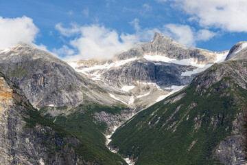 Snow-covered mountains in Tracy Arm Fjord near Juneau, Alaska.
