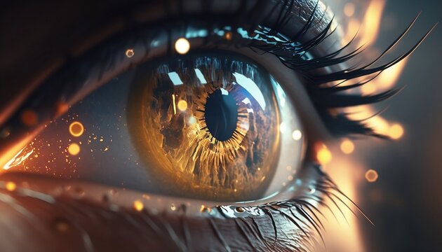 Extreme close-up of a human eye with futuristic reflections. Technology meets biology in this striking image. Reflection in the eyes of fiery significant events. AI generated.