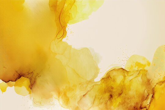 Abstract yellow liquid watercolor background with golden lines. Pastel marble alcohol ink drawing .Generative AI