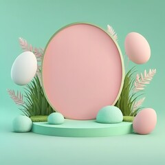 Podium d'affichage avec fond rose pastel, oeufs de Pâques sur herbe verte naturelle. Cadre rond, piédestal minimal Nature, beauté, présentation de produits cosmétiques. IA générative 