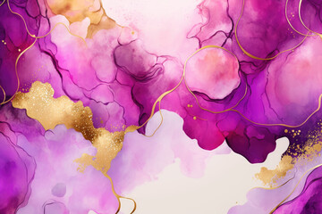 Abstract purple liquid watercolor background with golden lines. Pastel marble alcohol ink drawing .Generative AI