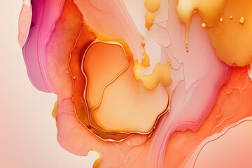 Abstract red orange liquid watercolor background with golden lines. Pastel marble alcohol ink drawing .Generative AI