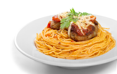 seving of spaghetti with meatballs