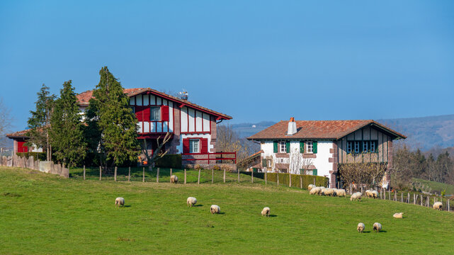 Fermes basques traditionnelles dans la montagne &agrave; Zugarramurdi, Espagne, dans la province de Navarre, au pays basque espagnol