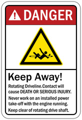 Overhead crane hazard sign and labels Keep away. Rotating driveline wll cause death or serious injury