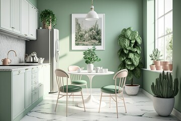 modern kitchen interior in mint color. Generative AI. 