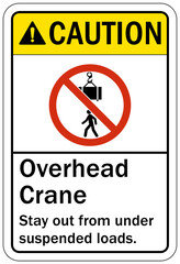Overhead crane hazard sign and labels stay out from under suspended loads