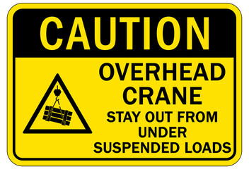 Overhead crane hazard sign and labels stay out from under suspended loads