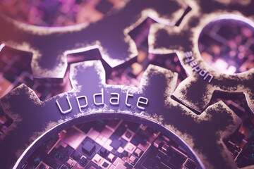 Software and hardware upgrade concept. Update on a metal gear. Technical support of the program. 3d render.