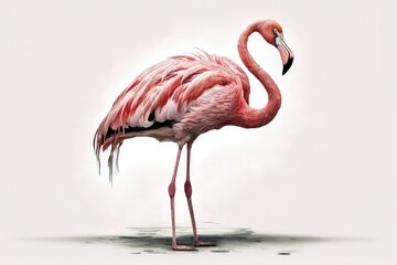 Extensive length of a pink flamingo. Separated from context; presented on a white background. Generative AI